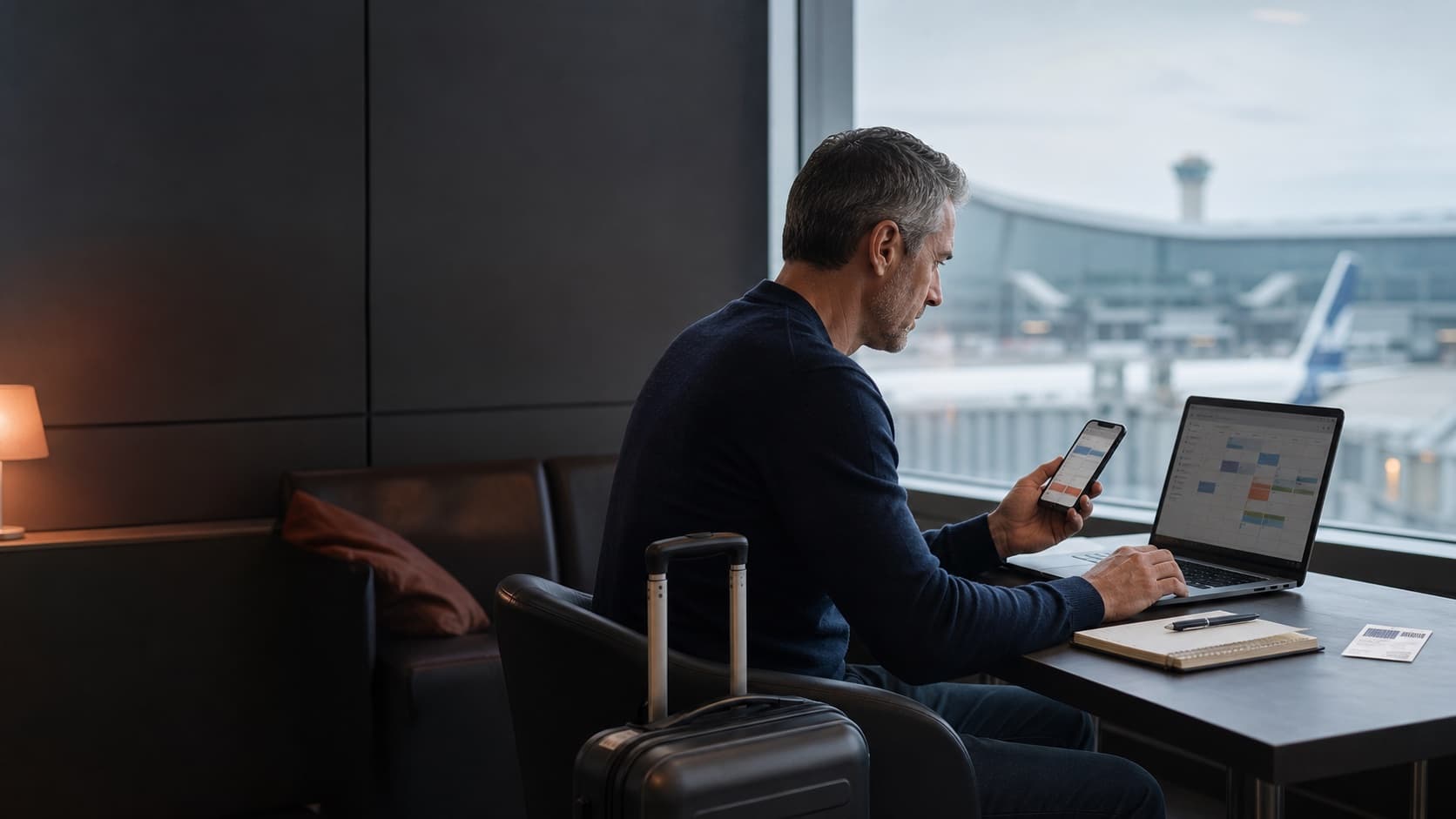 A business traveller reviewing a schedule in an airport lounge