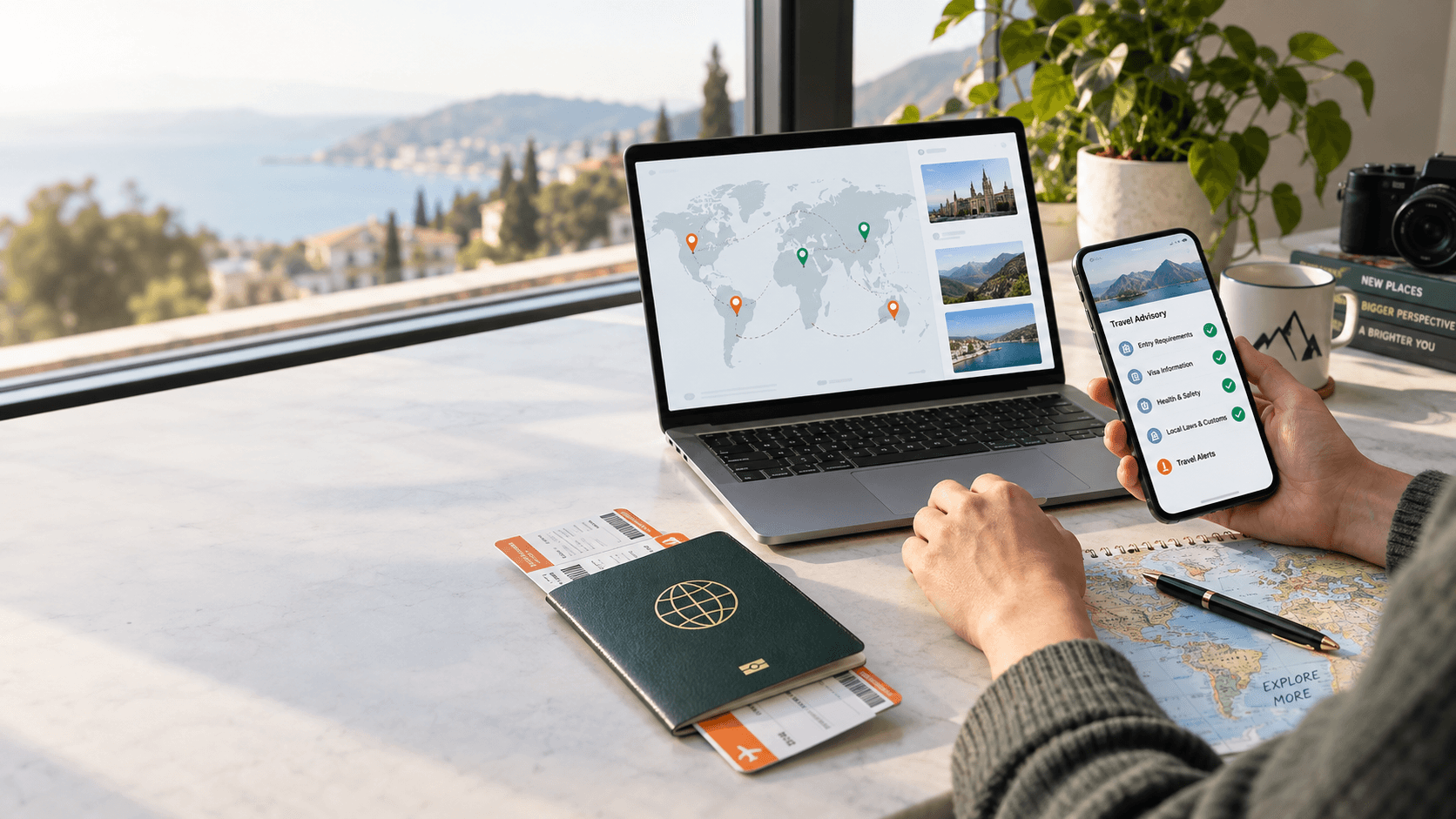 International trip research with travel documents, map and advisory checklist
