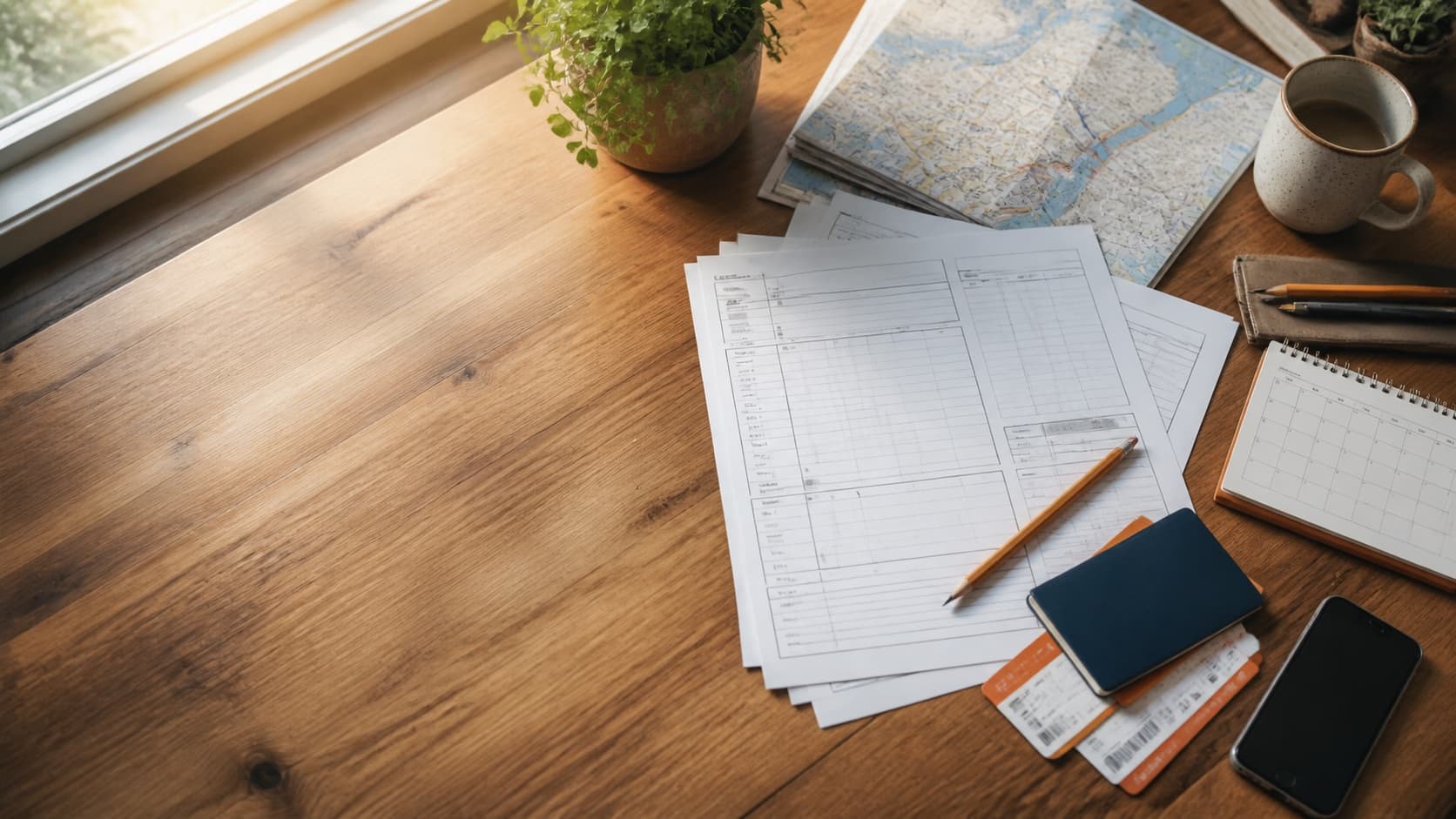 Editable itinerary sheets, a map and travel notes arranged on a planning table